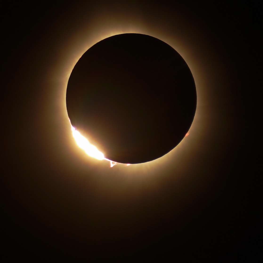 Total solar eclipse at totality with solar flares visible